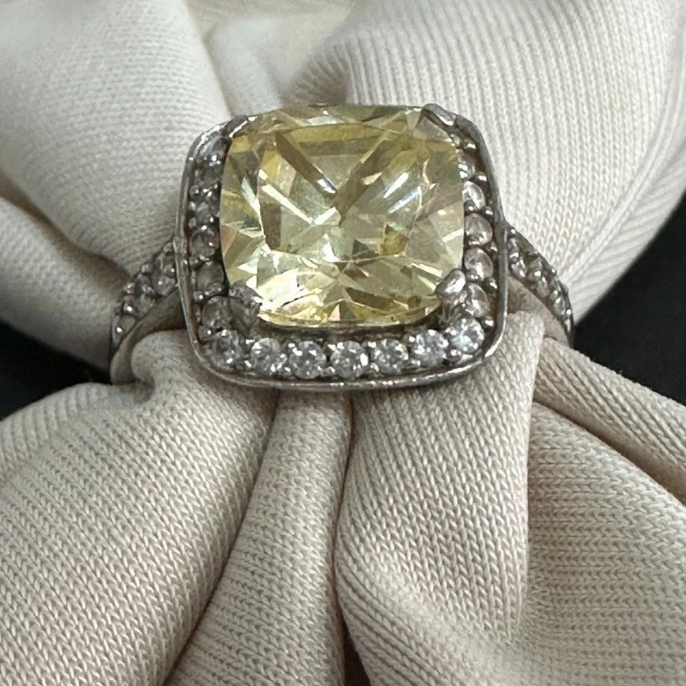 Custom Made .925 Sterling Silver Yellow Stone Woman Cocktail Ring Sz 9 Jewelry